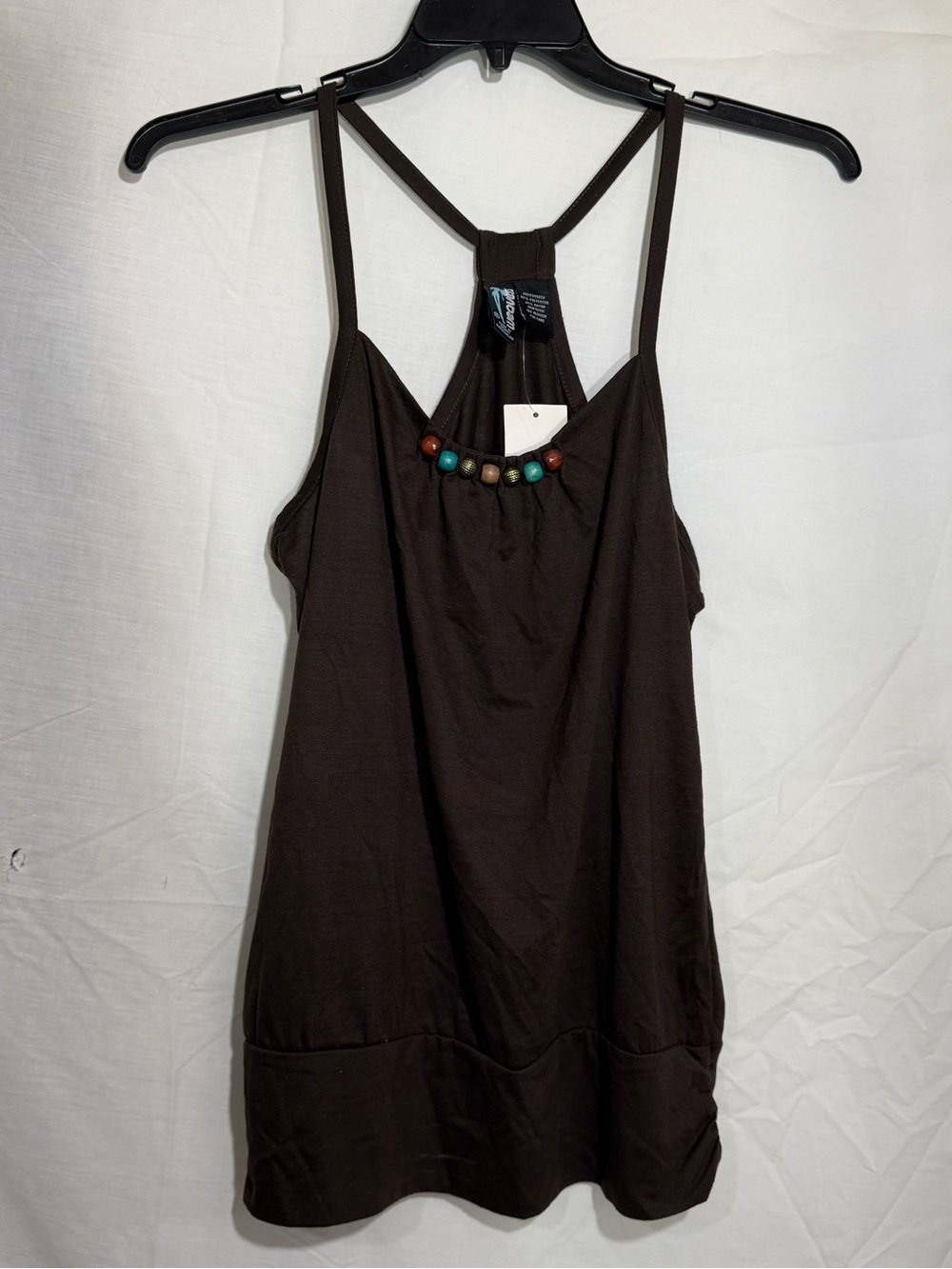Y2K Weavers Brown Tank Top with Beaded Neckline & Cinched Bottom Size XL (Jrs)